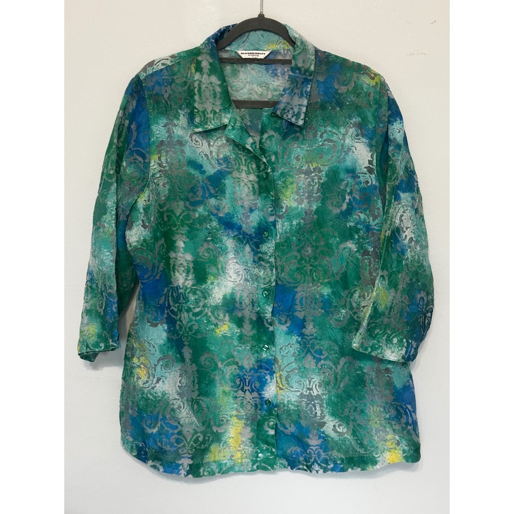 Allison Daley Green Blue Burnout Damask Watercolor Blouse 3/4 Sleeve Top